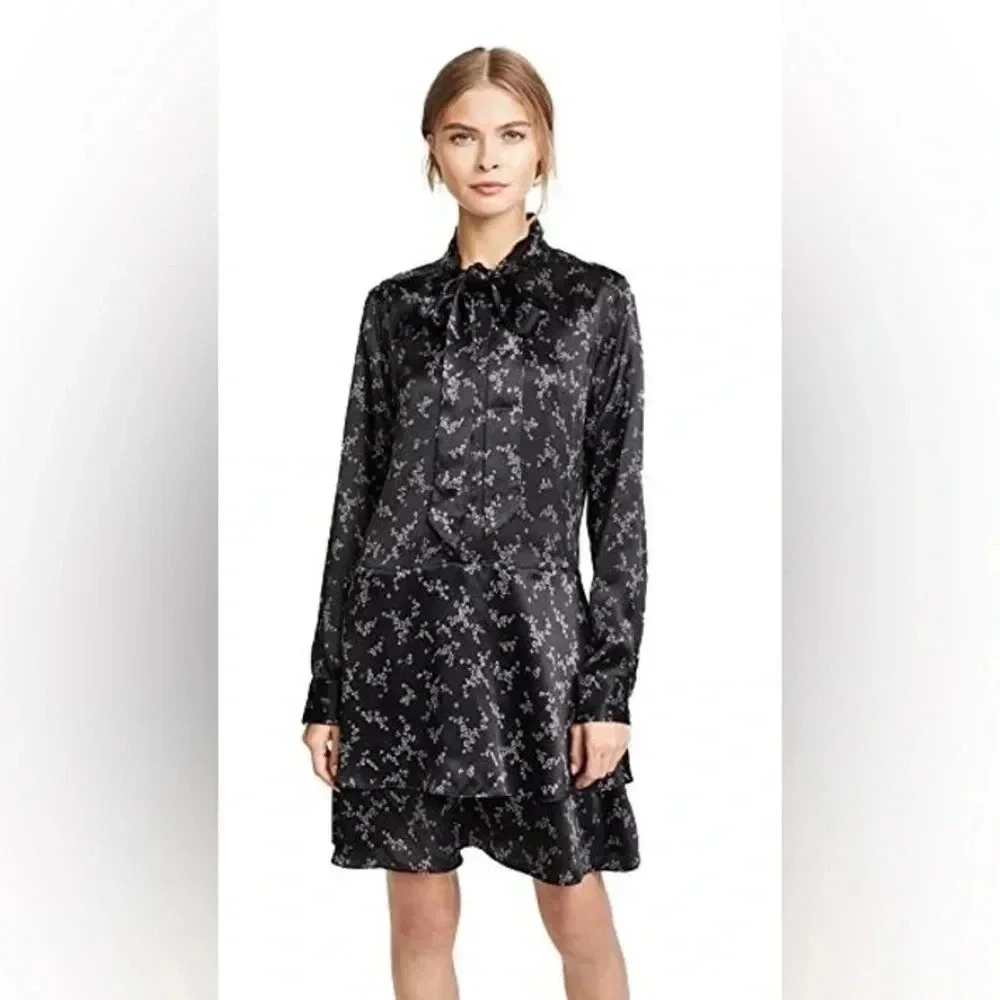Equipment Natalia Tie Neck 100% Silk Black/White Floral Whimsical Tiered Dress - Picture 1 of 10